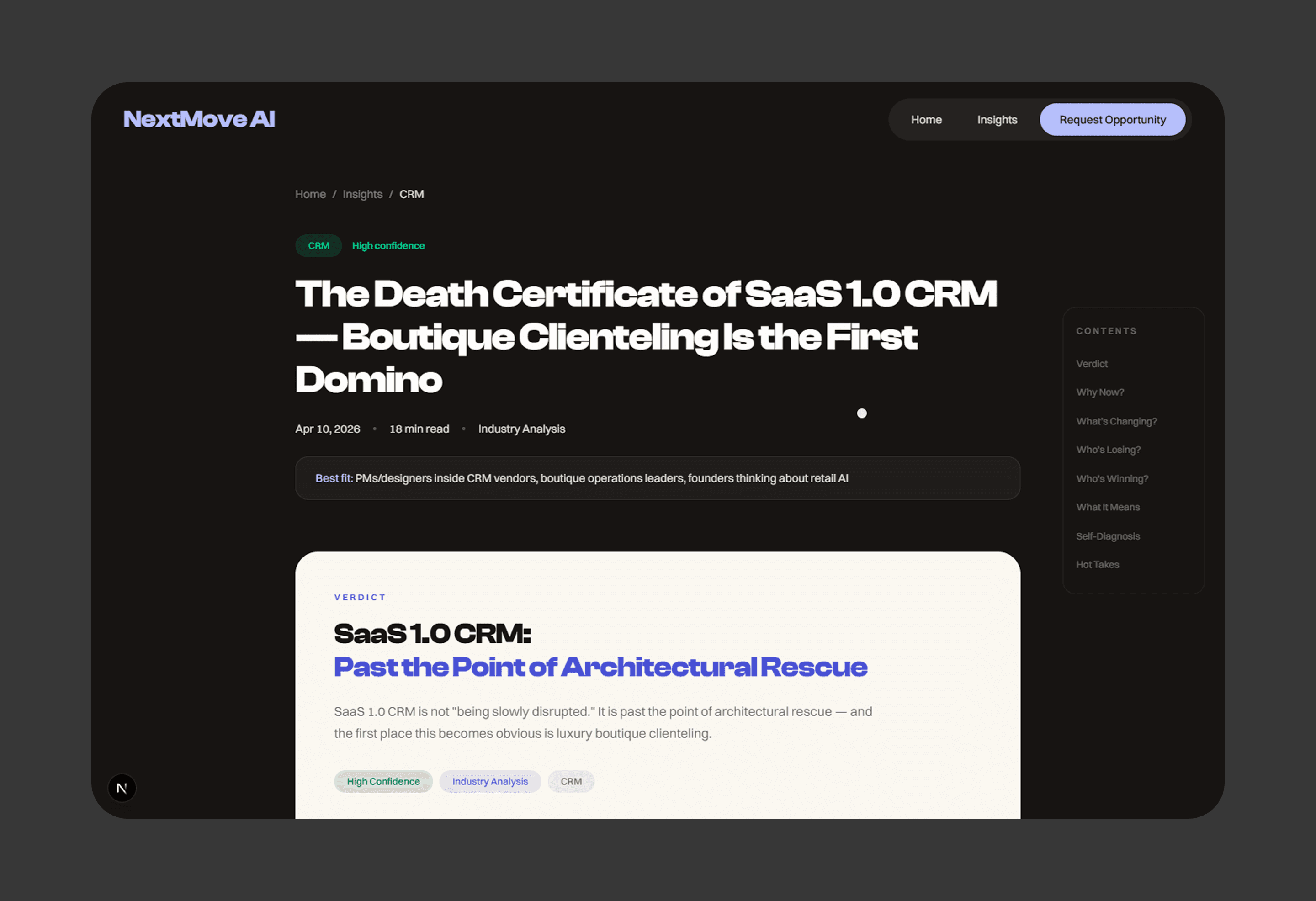 Report long-scroll: verdict to numbered sections to data tables to paywall transition